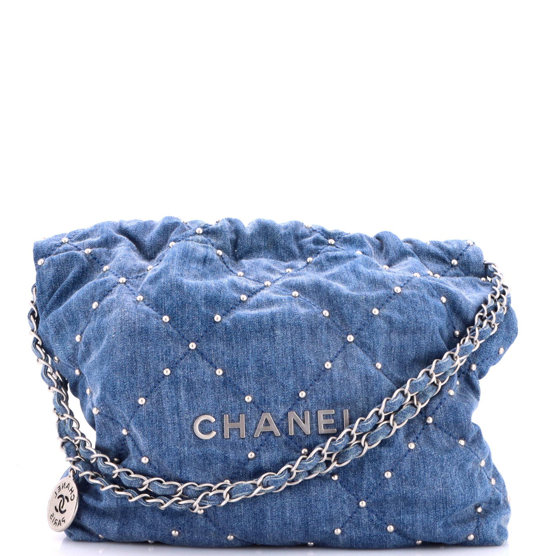 22 Chain Hobo Quilted Studded Denim Small