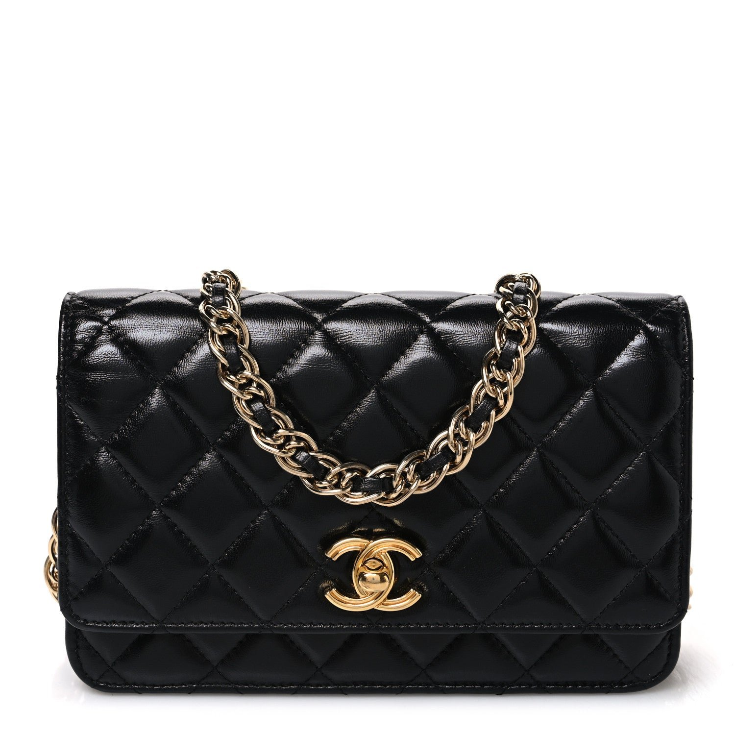 Chanel Shiny Lambskin Quilted Golden Links Wallet On Chain WOC Black