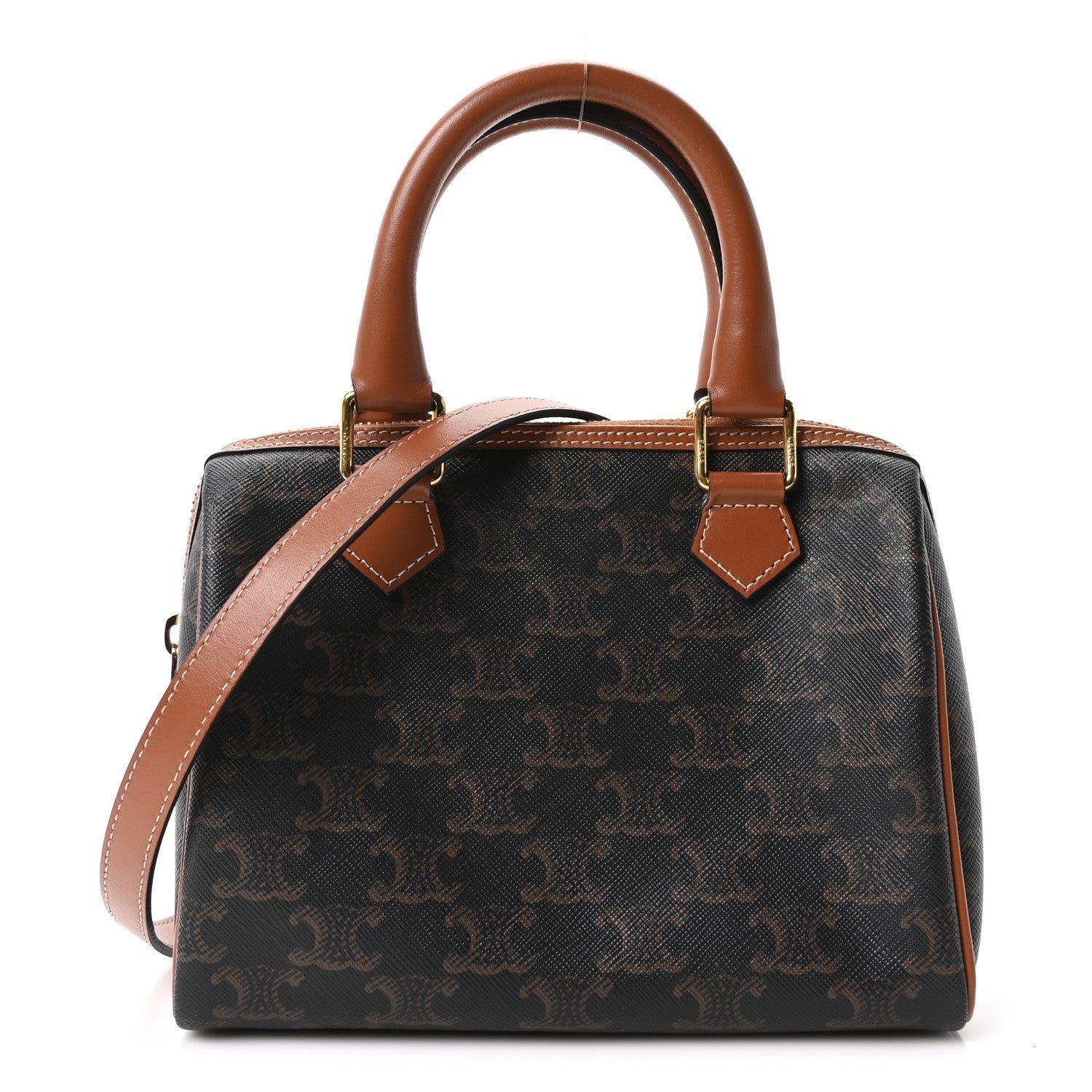 Celine Celine Triomphe Canvas Calfskin Small Boston Bag Tan