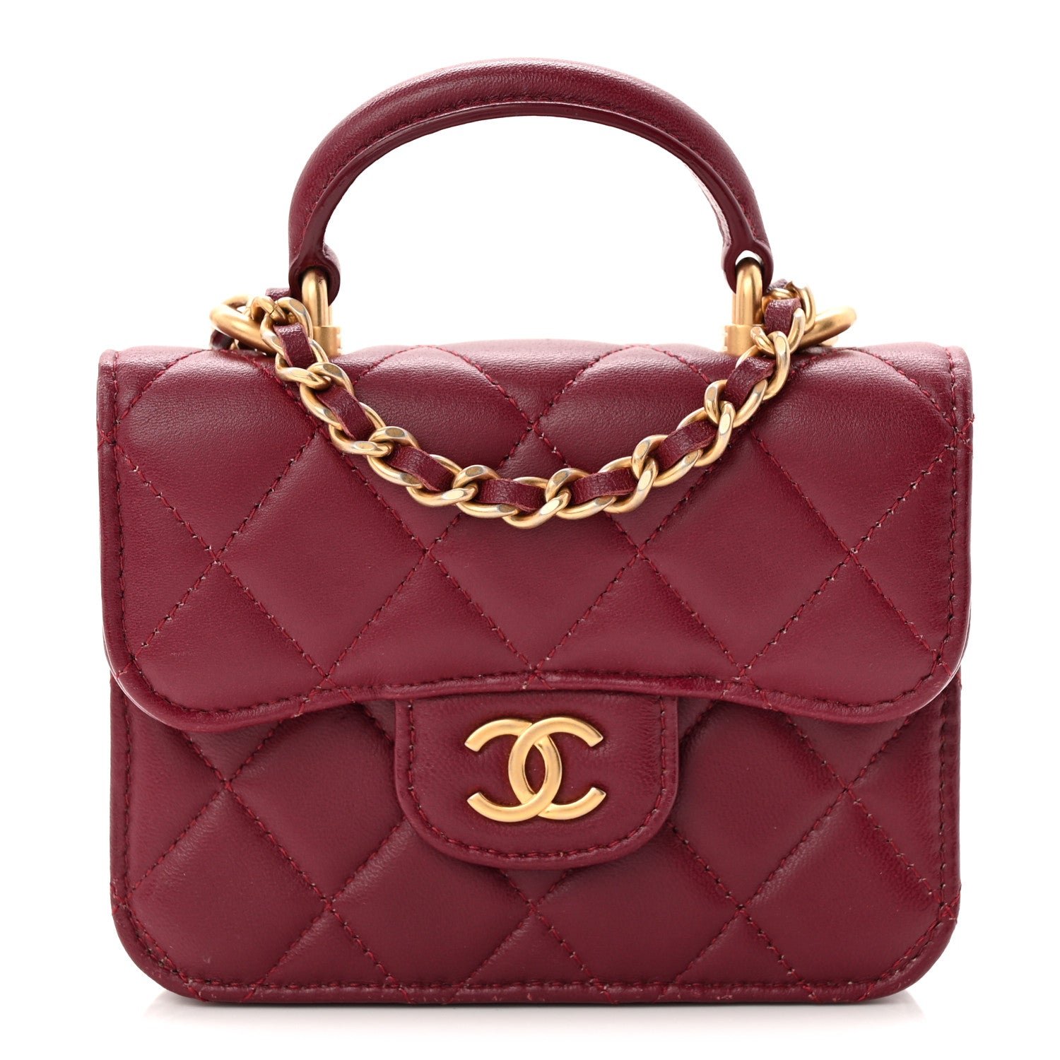 Chanel Lambskin Quilted Top Handle Flap Coin Purse With Chain Burgundy