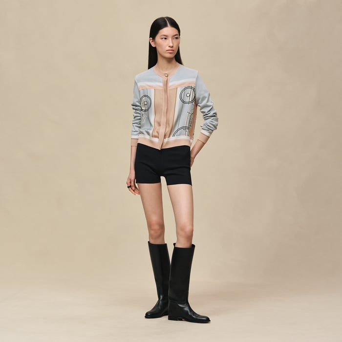 Gris Paruline "Ex-libris a Main Levee" Long-sleeve Twillaine Cardigan