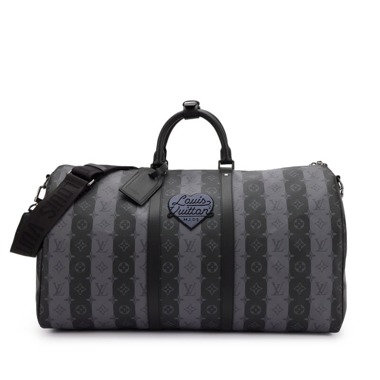 Louis Vuitton Virgil Abloh NIGO Gray Monogram Striped Coated Canvas Keepall Bandoulière 55 Silver Hardware, 2021