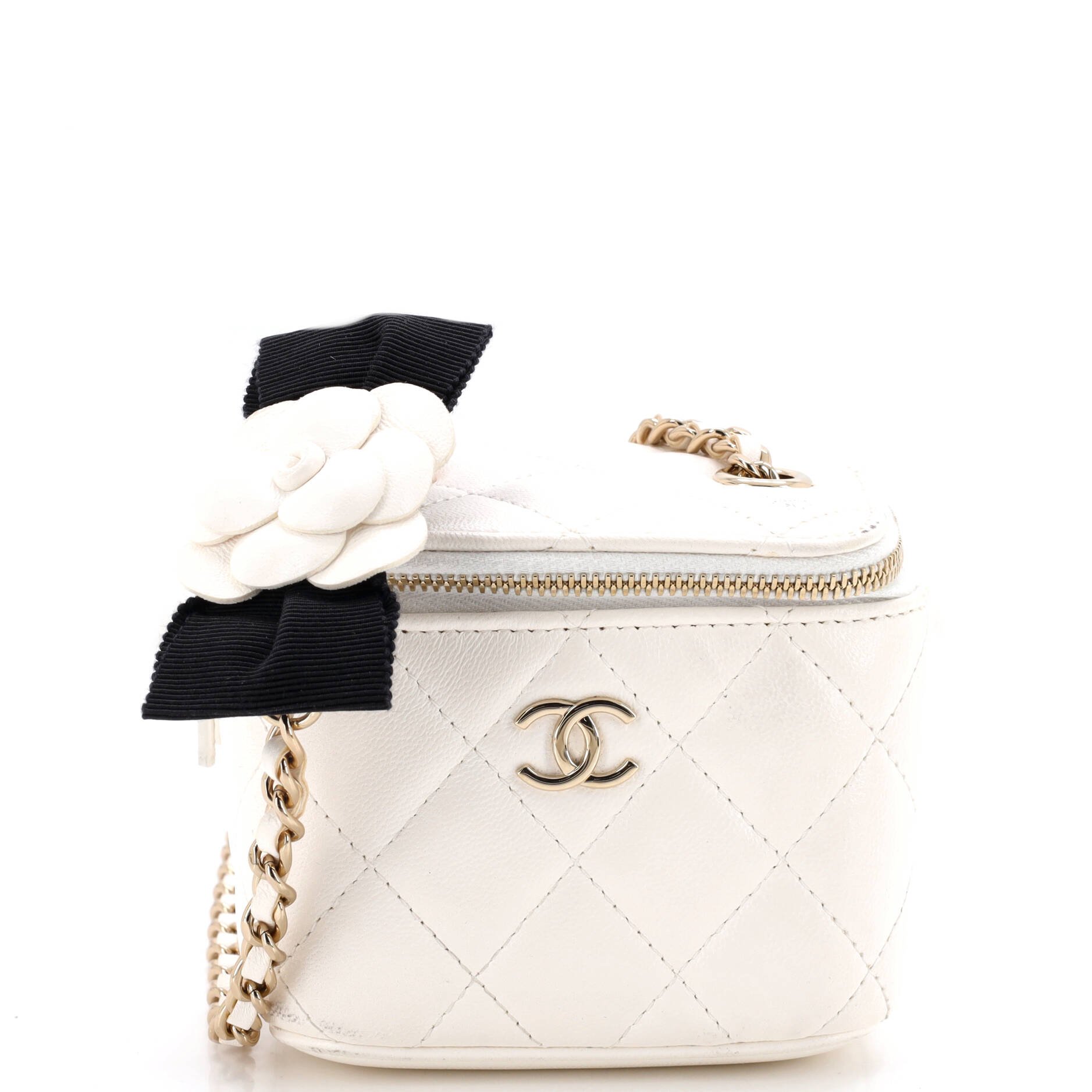 Camellia Bow Vanity Case with Chain Quilted Lambskin Mini