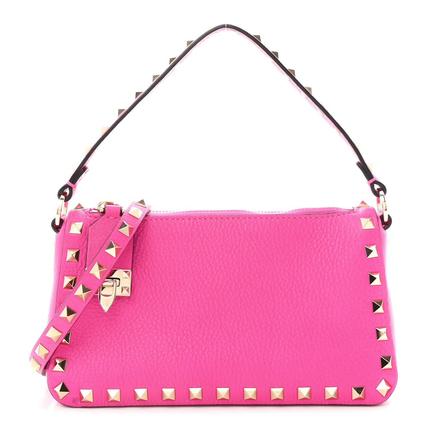 Valentino Garavani Pebbled Calfskin Small Rockstud Flip Lock Shoulder Bag Fuxia