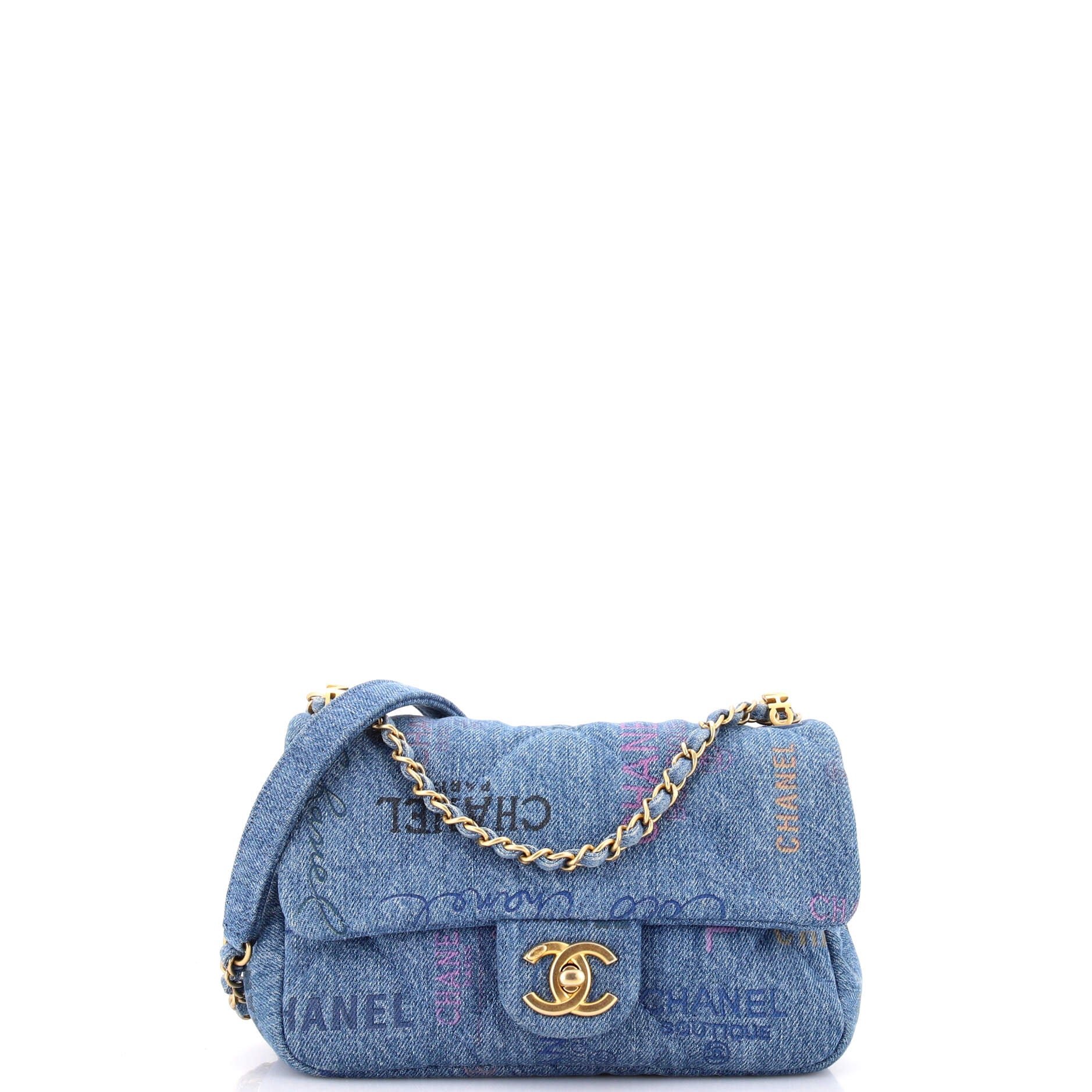 Denim Mood Flap Bag Logo Printed Quilted Denim Small