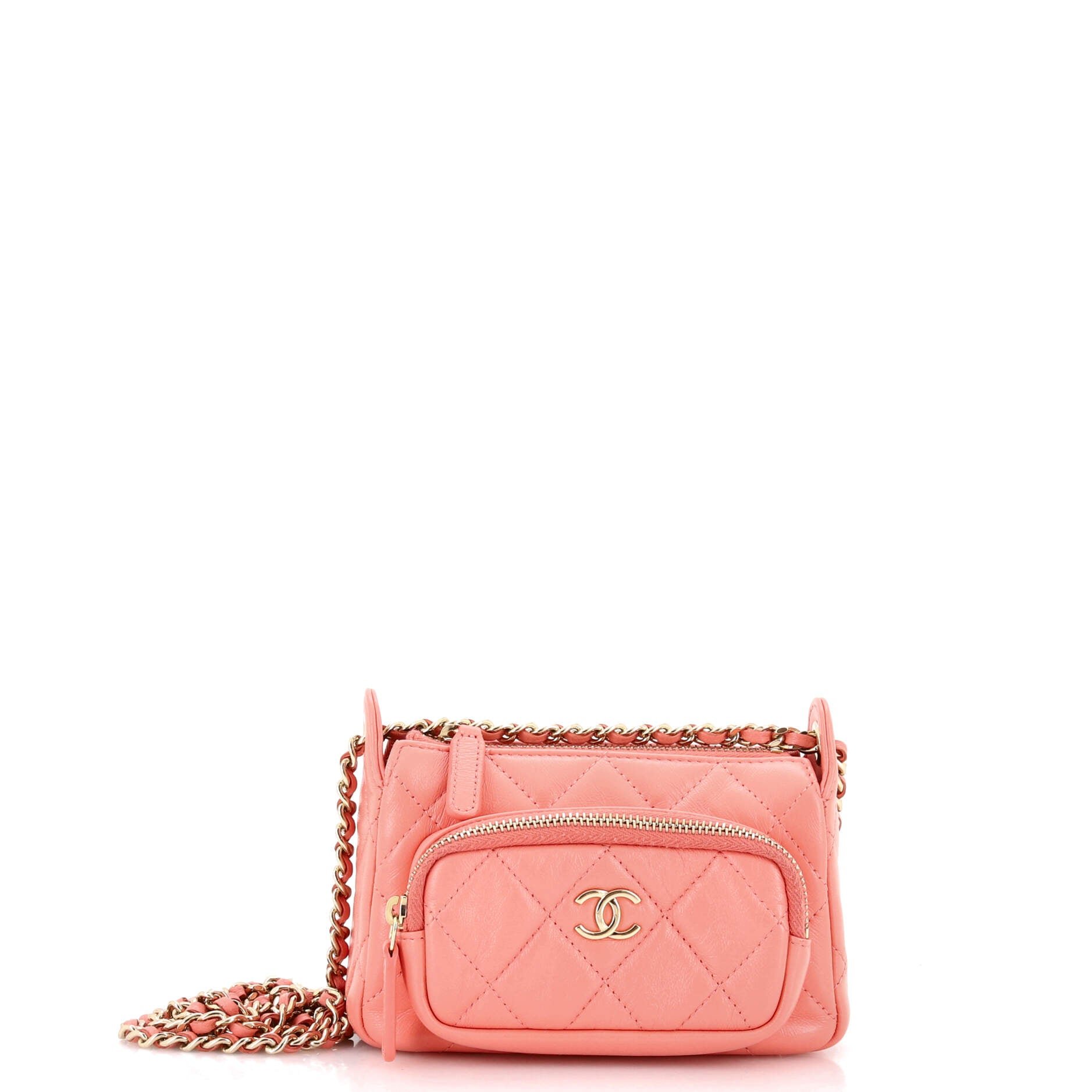 CC Front Pocket Zip Clutch with Chain Quilted Lambskin Mini