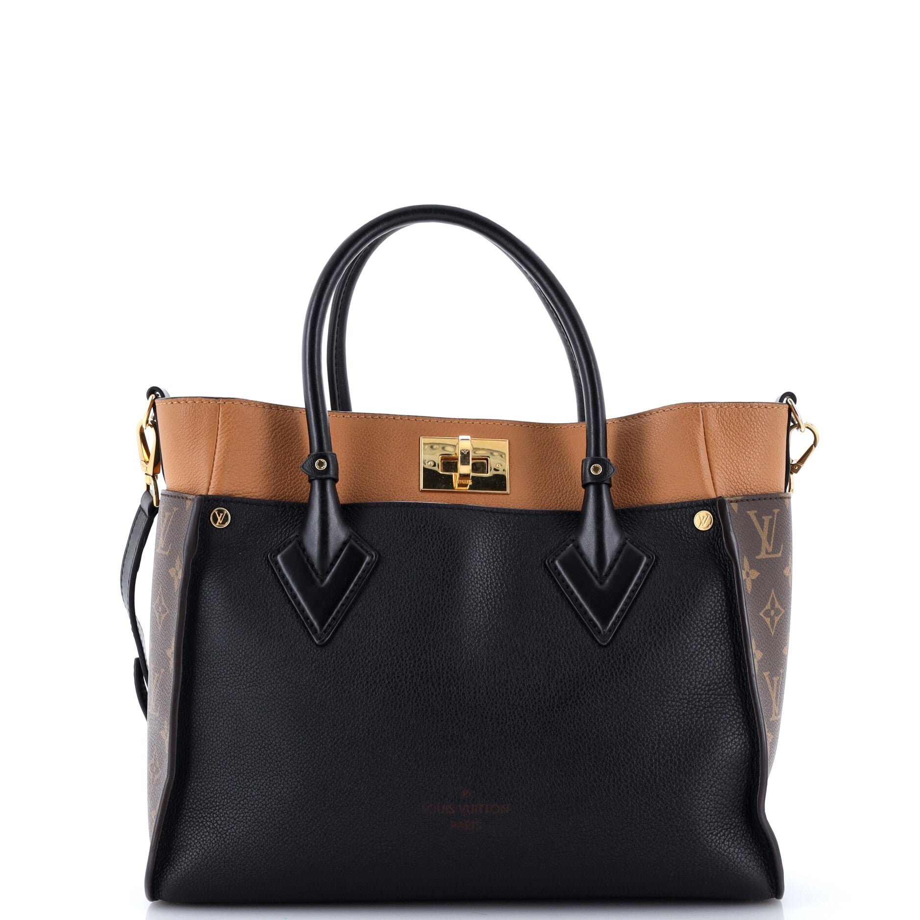 On My Side Tote Leather with Monogram Canvas MM