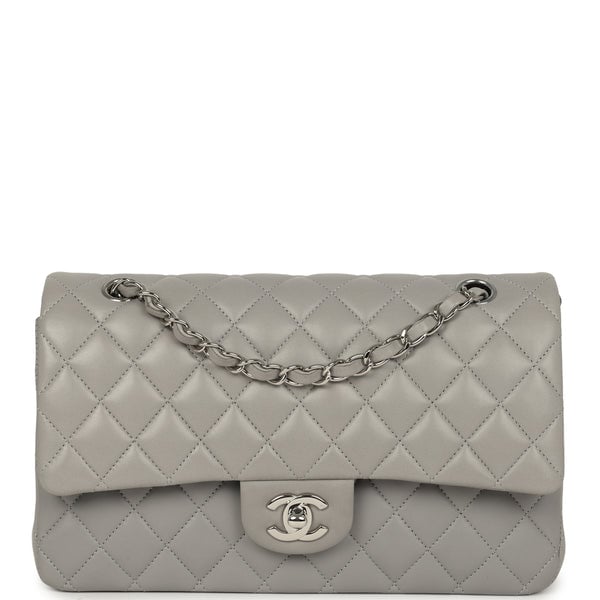 Pre-owned Chanel Medium Classic Double Flap Bag Light Grey Lambskin Silver Hardware