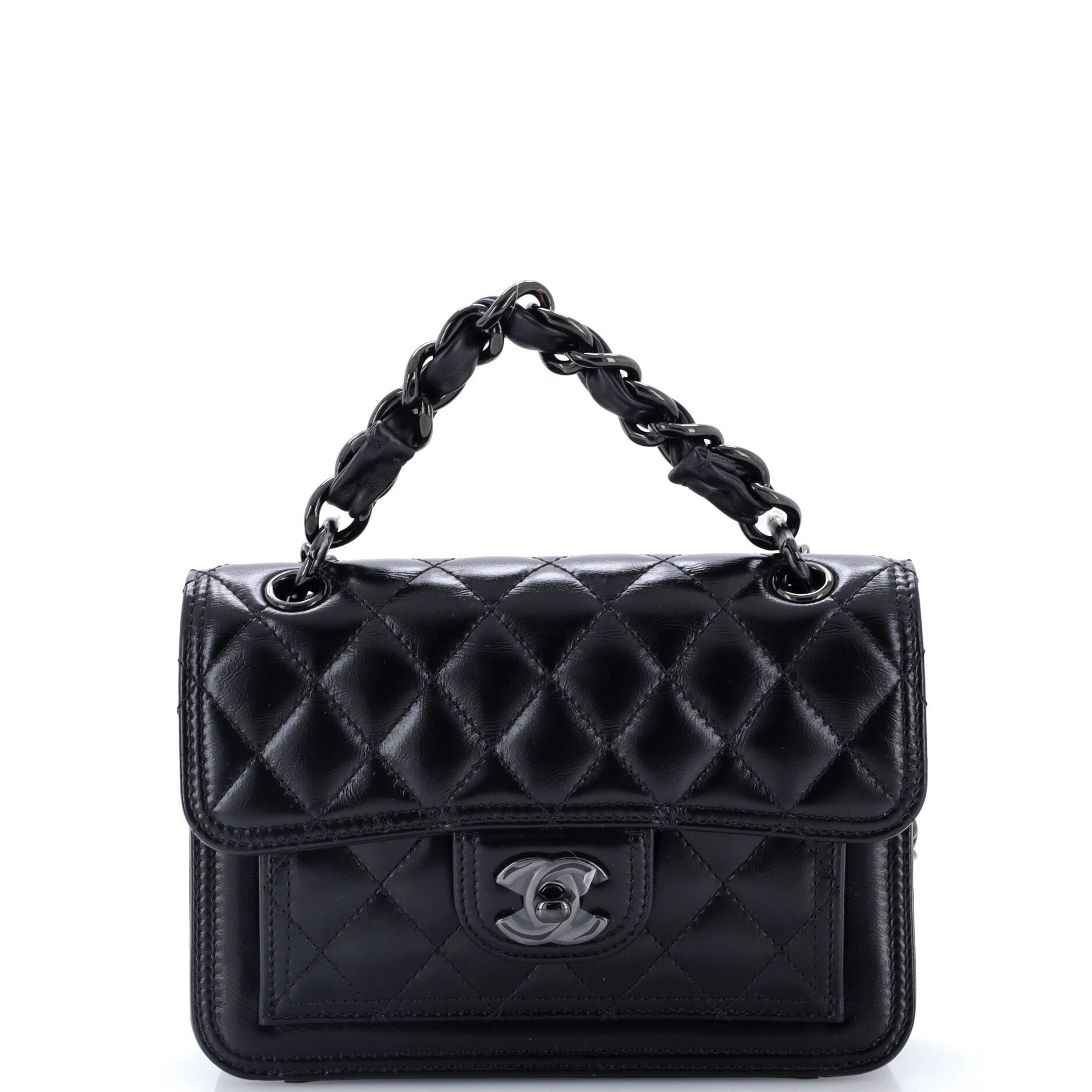 So Black Double You CC Flap Bag Quilted Shiny Crumpled Calfskin Mini