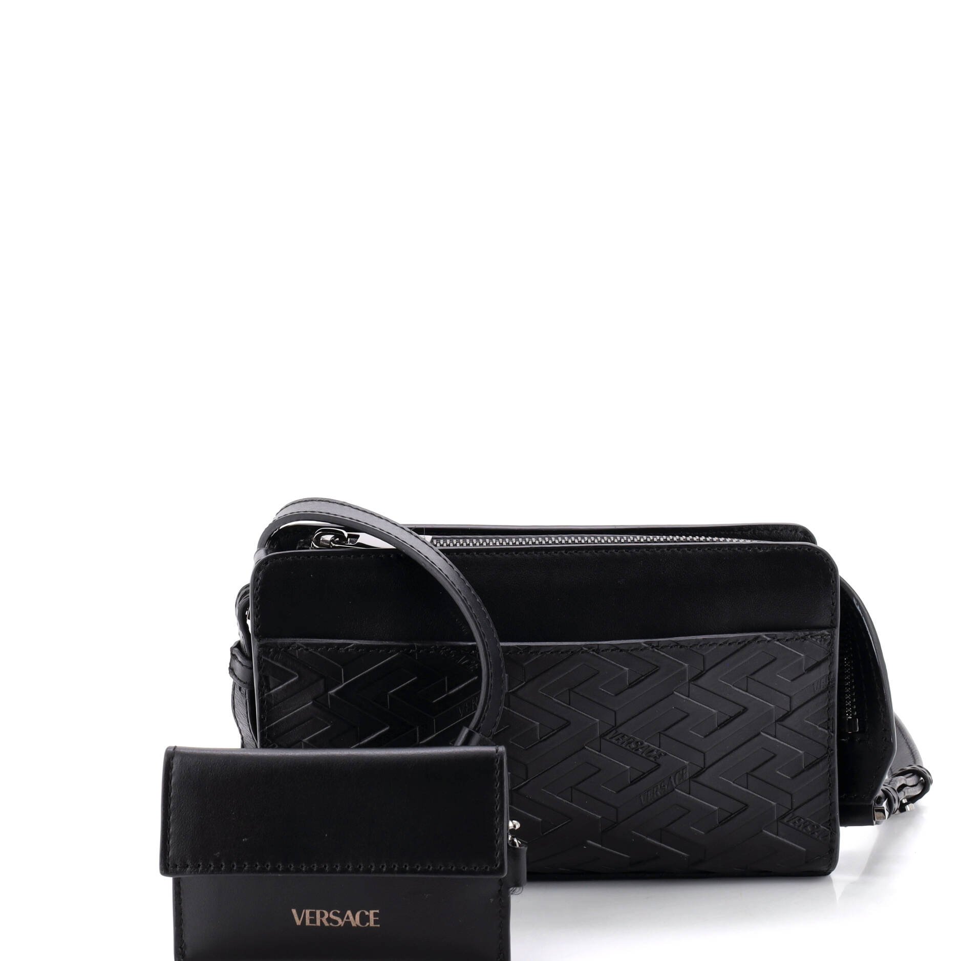 Zip Crossbody Bag La Greca Embossed Leather Small