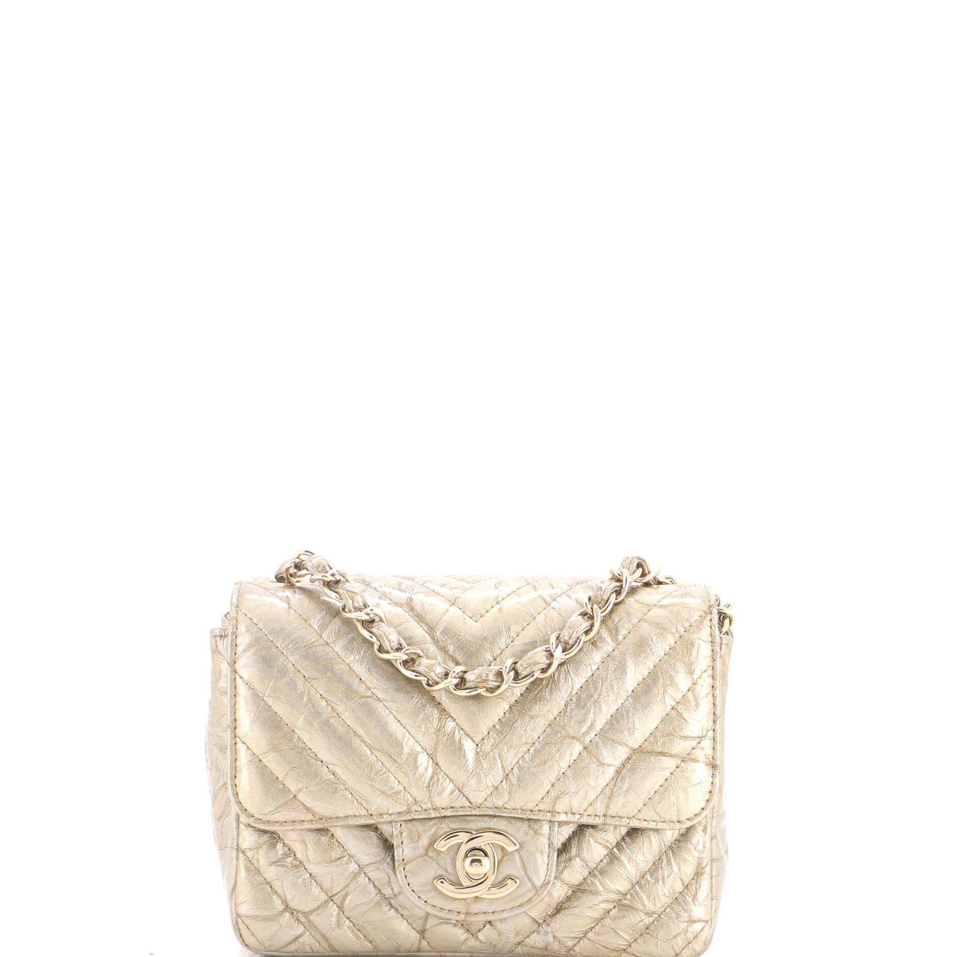 Square Classic Single Flap Bag Chevron Crumpled Metallic Patent Mini