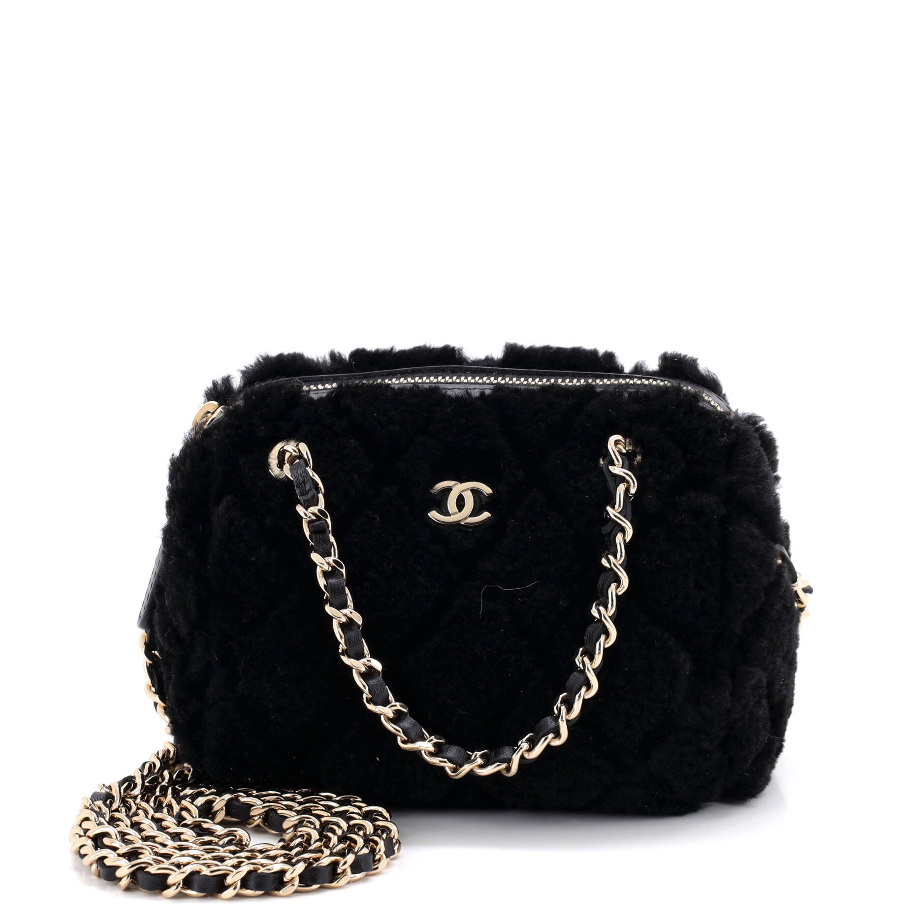 CC Double Chain Zip Clutch with Chain Quilted Shearling Mini