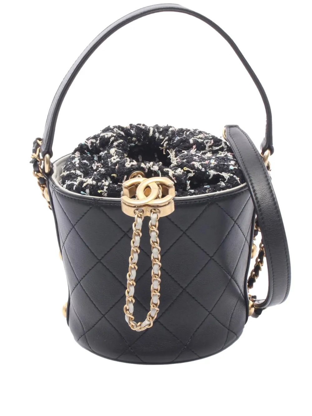 2019 Small CC Calfskin and Tweed Drawstring Bucket Bag satchel
