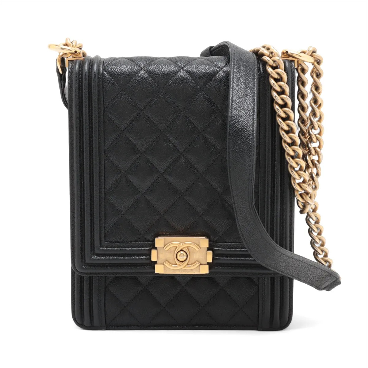 Chanel Matelasse Caviar Skin Chain Shoulder Bag Black Gold Metal Fittings 27th A