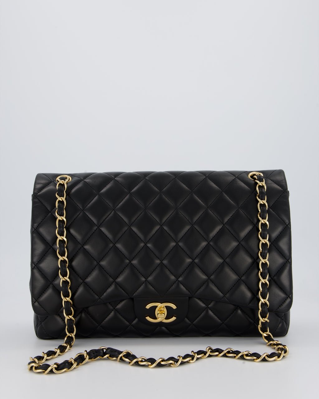 Chanel Black Maxi Single Flap Bag in Black Lambskin Leather with Gold Hardware