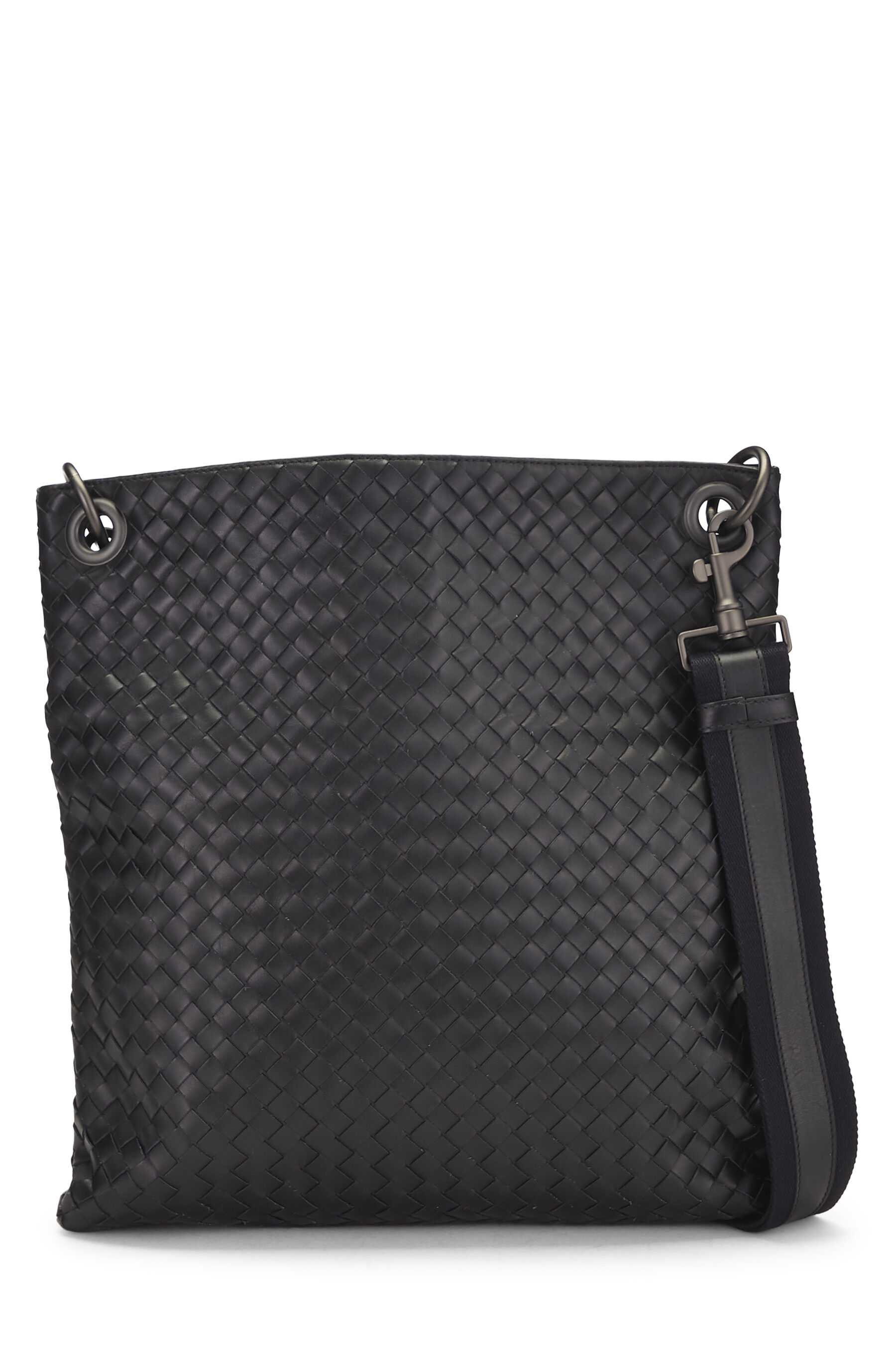 Bottega Veneta Black Intrecciato Leather Flat Messenger Bag