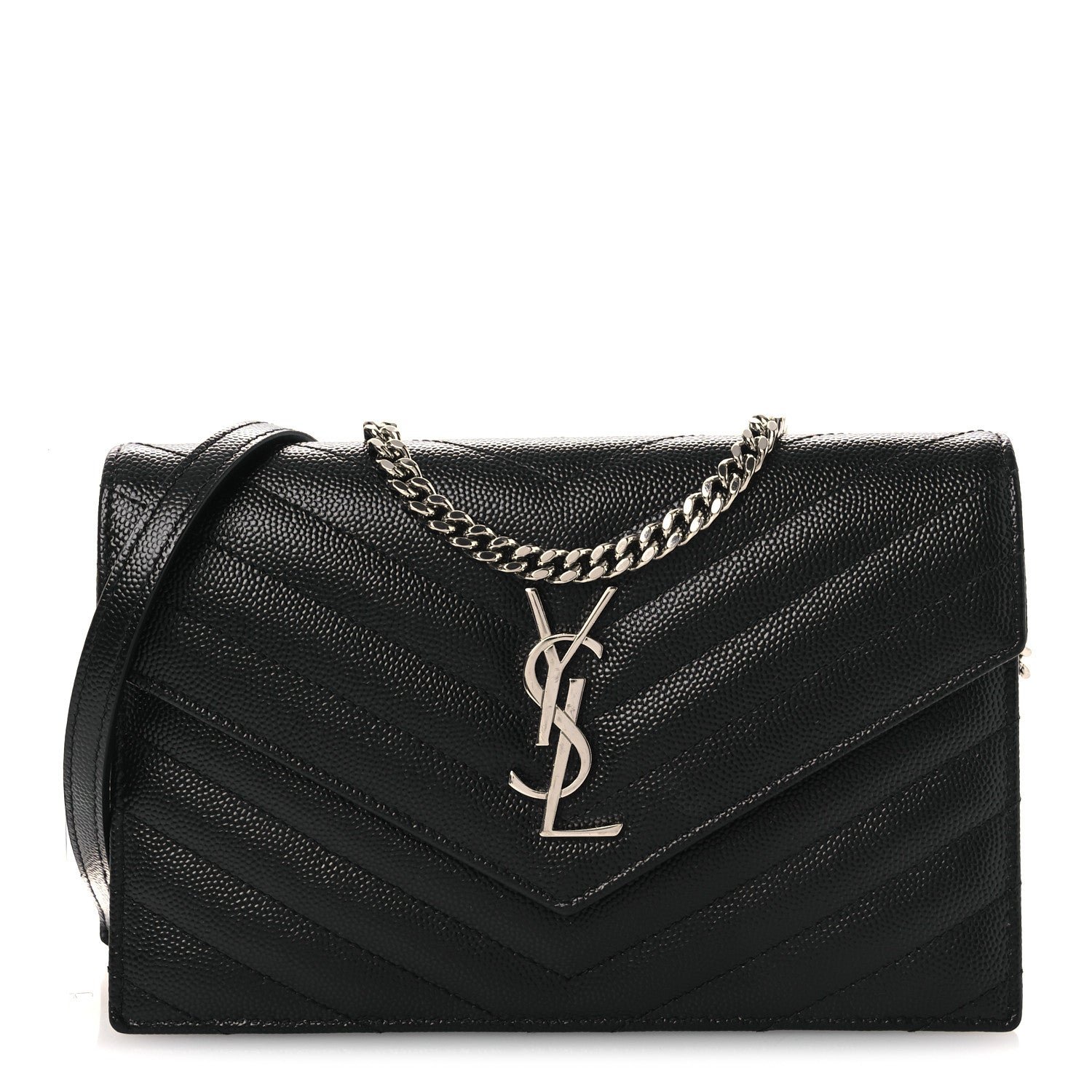 Saint Laurent Grain De Poudre Matelasse Chevron Monogram Chain Wallet Black