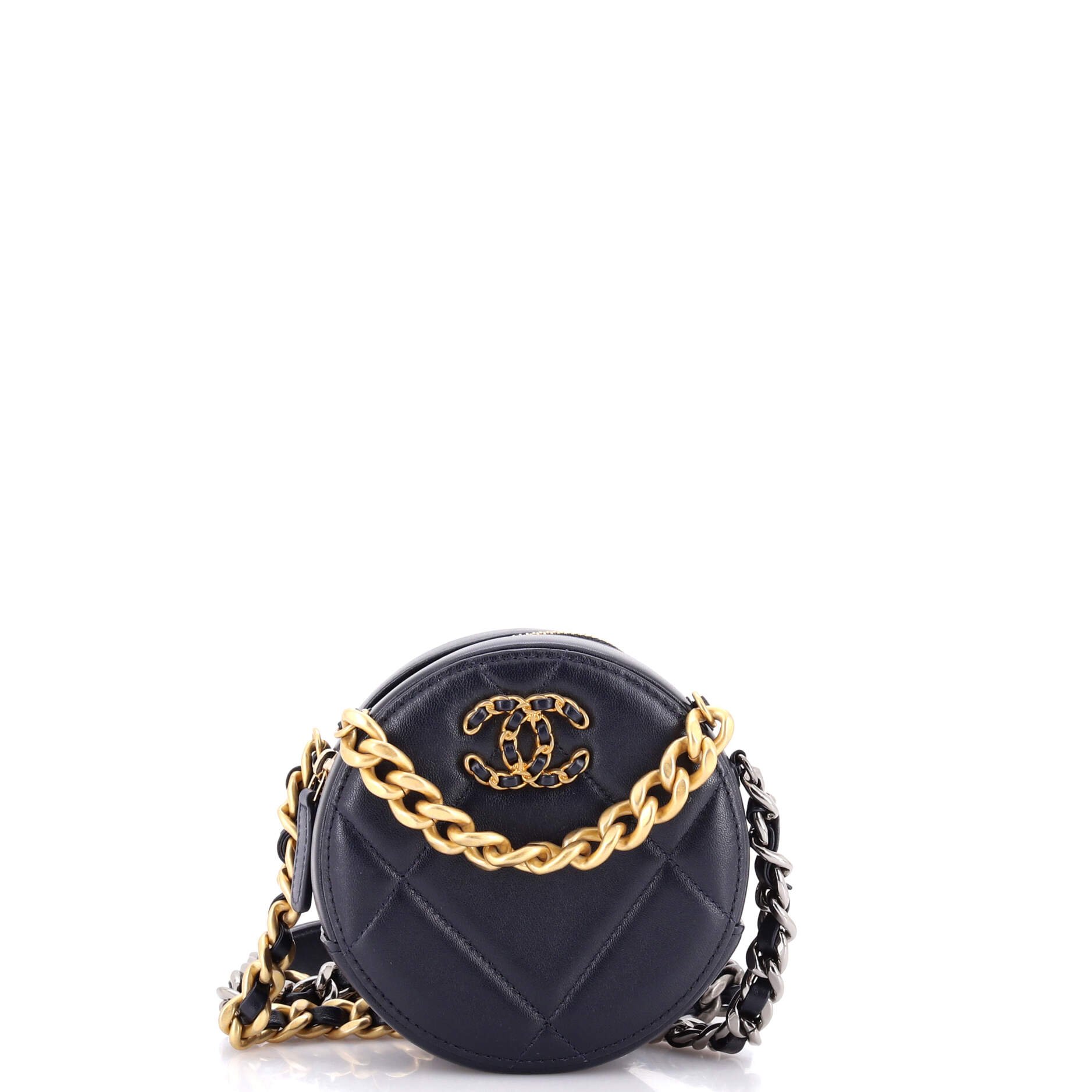 19 Round Clutch with Chain Quilted Leather