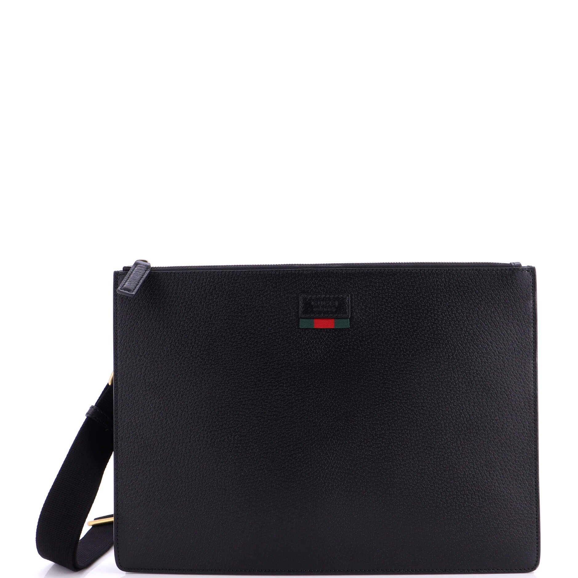 Web Strap Front Zip Messenger Bag Leather Large