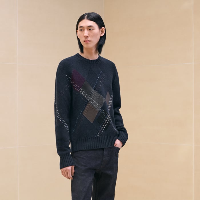 Marine Cashmere "Argyle Brode Cuir" Crewneck Sweater
