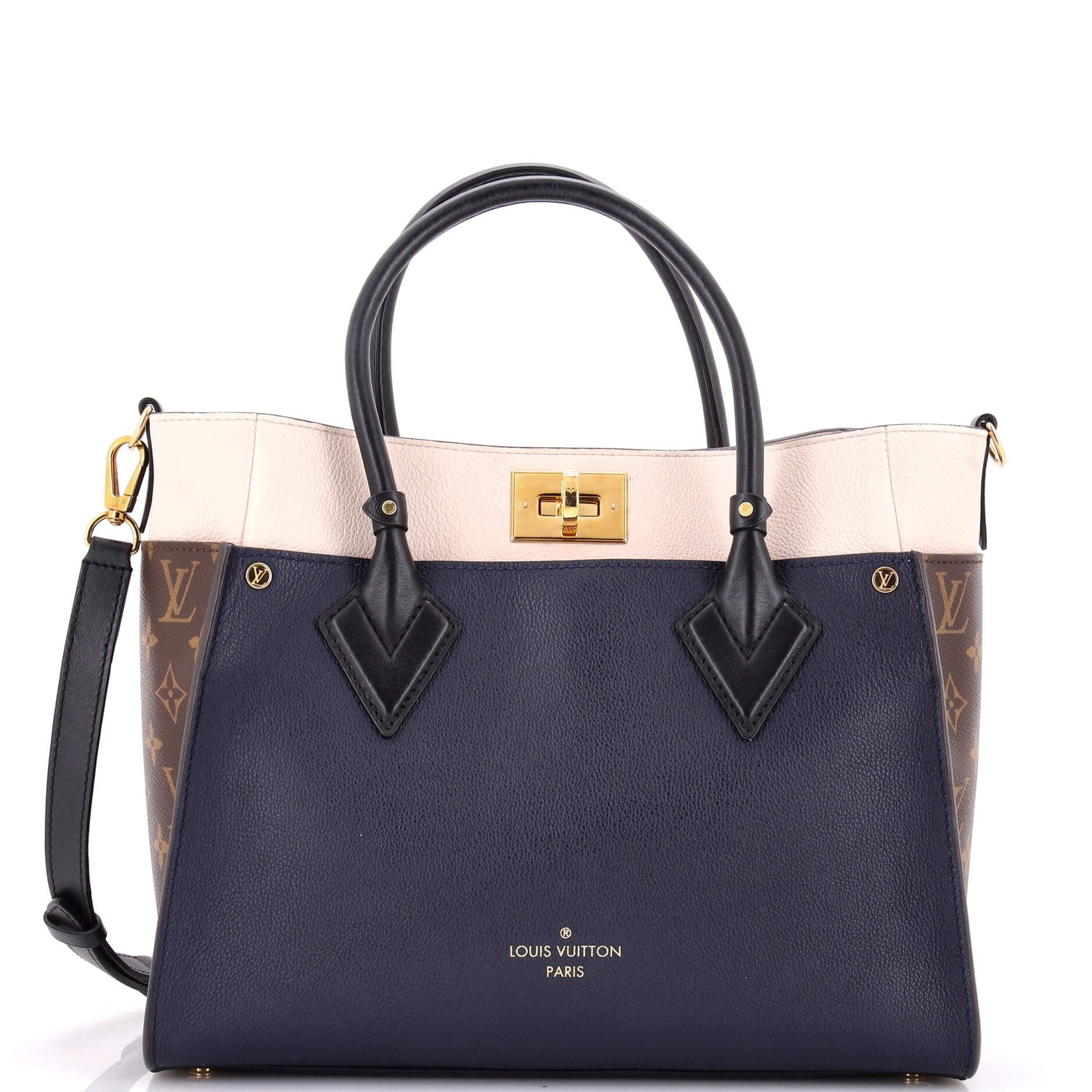 On My Side Tote Leather with Monogram Canvas MM