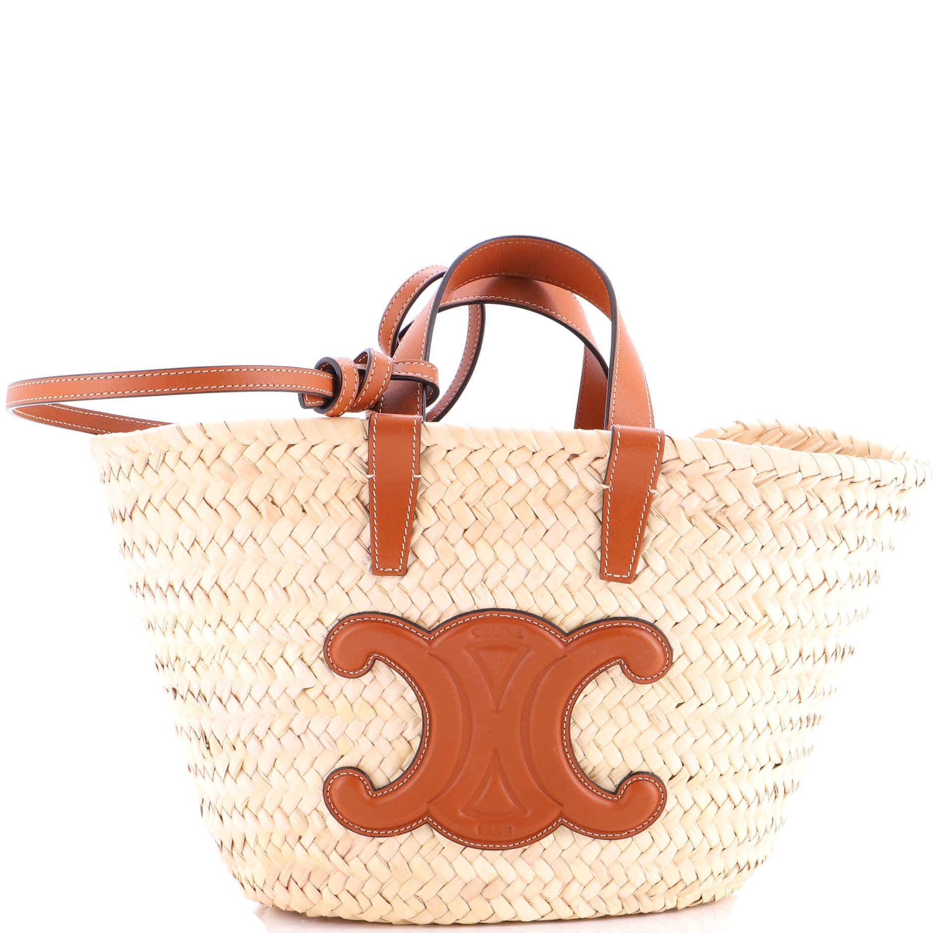 Celine Triomphe Basket Shoulder Bag Raffia with Leather Teen
