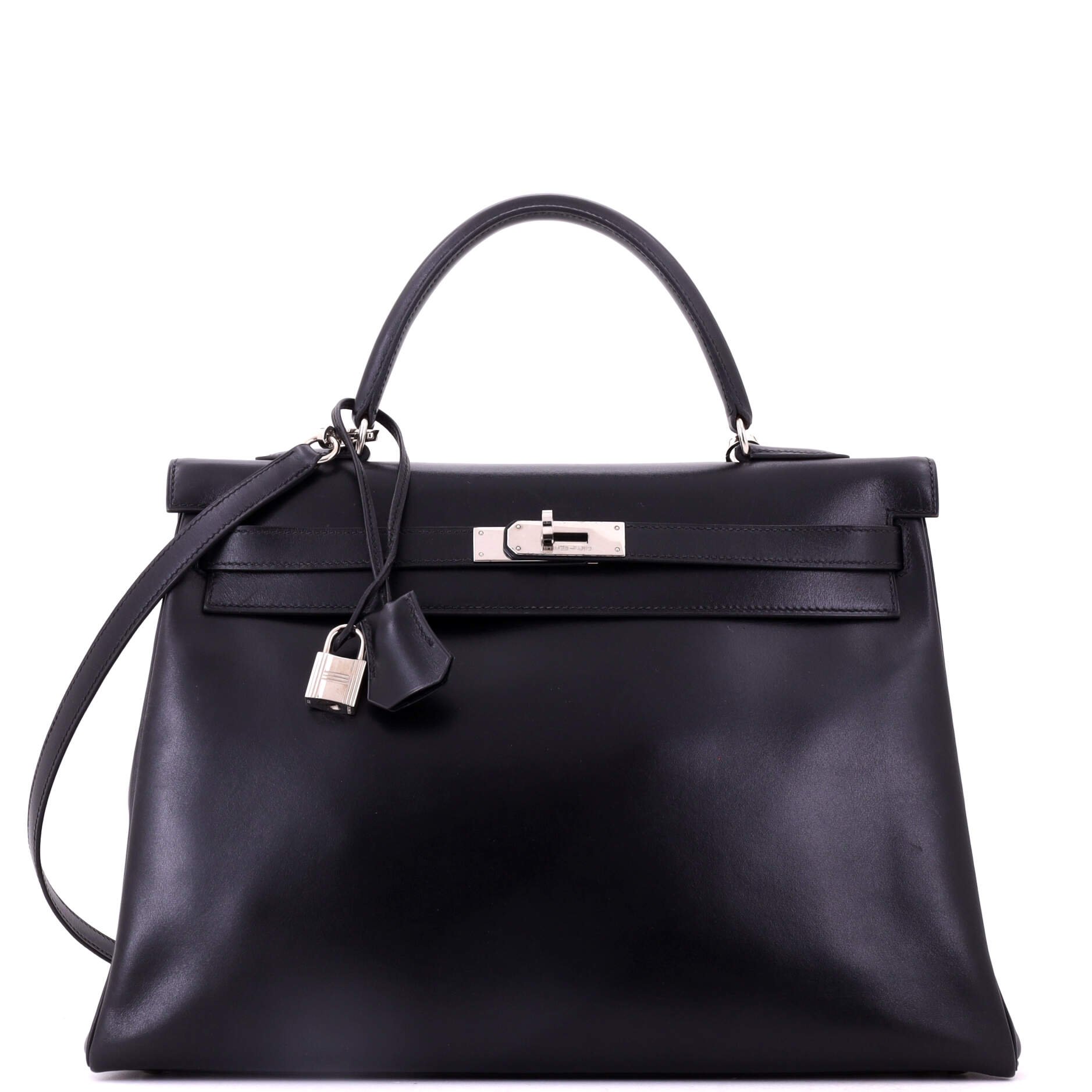 Kelly Handbag Noir Box Calf with Palladium Hardware 35