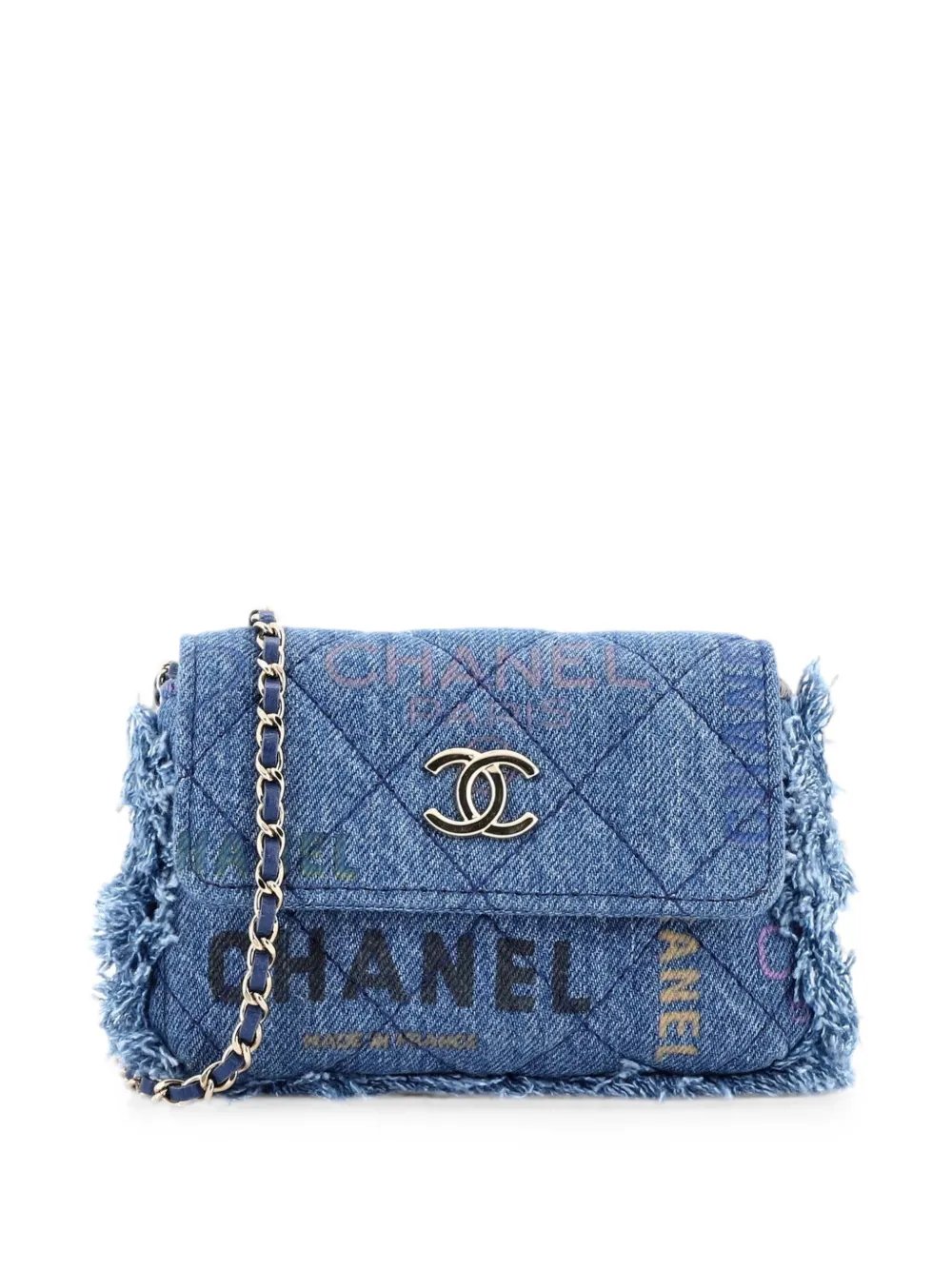 Denim Mood Flap Clutch with Chain Logo Printed Quilted Fringe Denim crossbody bag