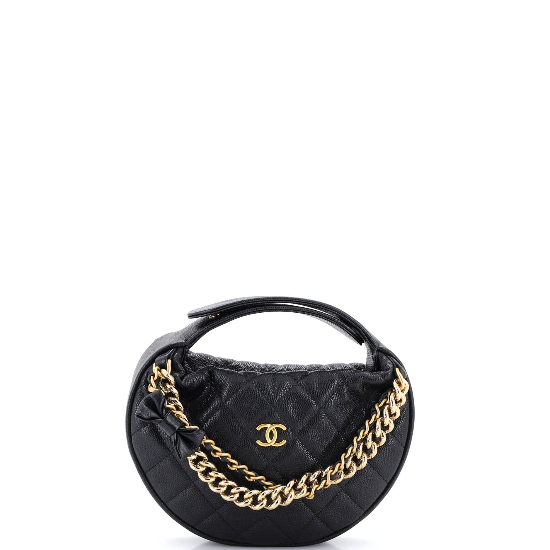 Double Chain Bow Hobo Pouch Quilted Caviar Mini