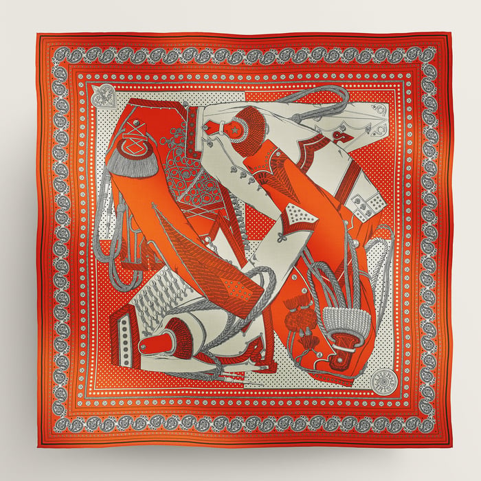 Hermès Zouaves et Dragons Bandana shawl 140 Orange Cuit/Blanc/Gris