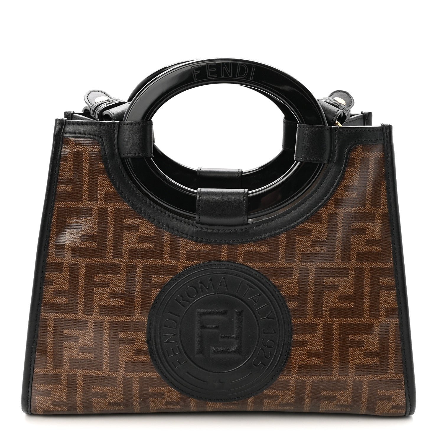 Fendi Glazed Fabric Vitello Century Plexiglass FF 1974 Stamp Patch Small Runaway Shopper Tote Mogano Panna Black