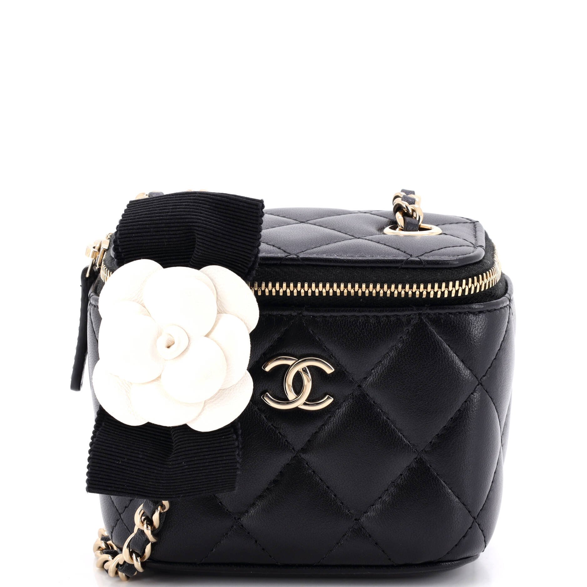 Camellia Bow Vanity Case with Chain Quilted Lambskin Mini