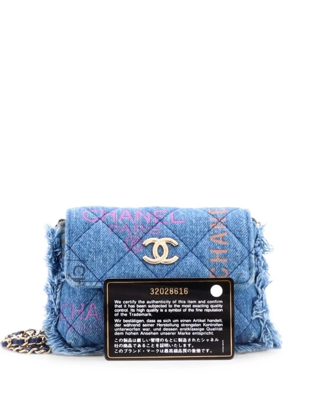 Denim Mood Flap Clutch with Chain Logo Printed Quilted Fringe Denim crossbody bag