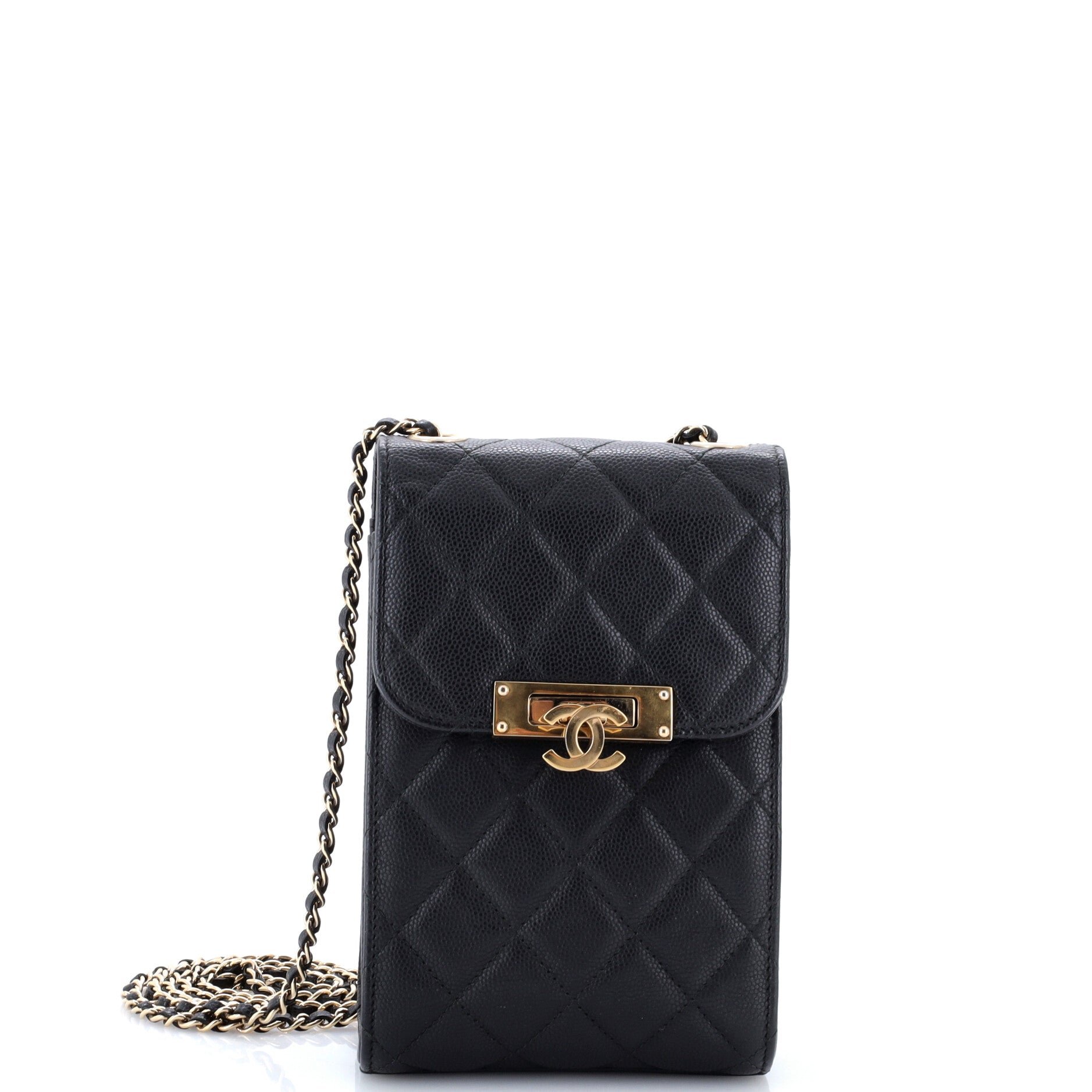 Golden Class Phone Holder Crossbody Bag Quilted Caviar