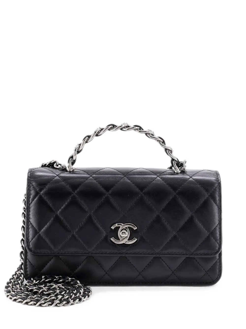 Top Handle Phone Holder with Chain Quilted Shiny Calfskin with Crystals crossbody bag
