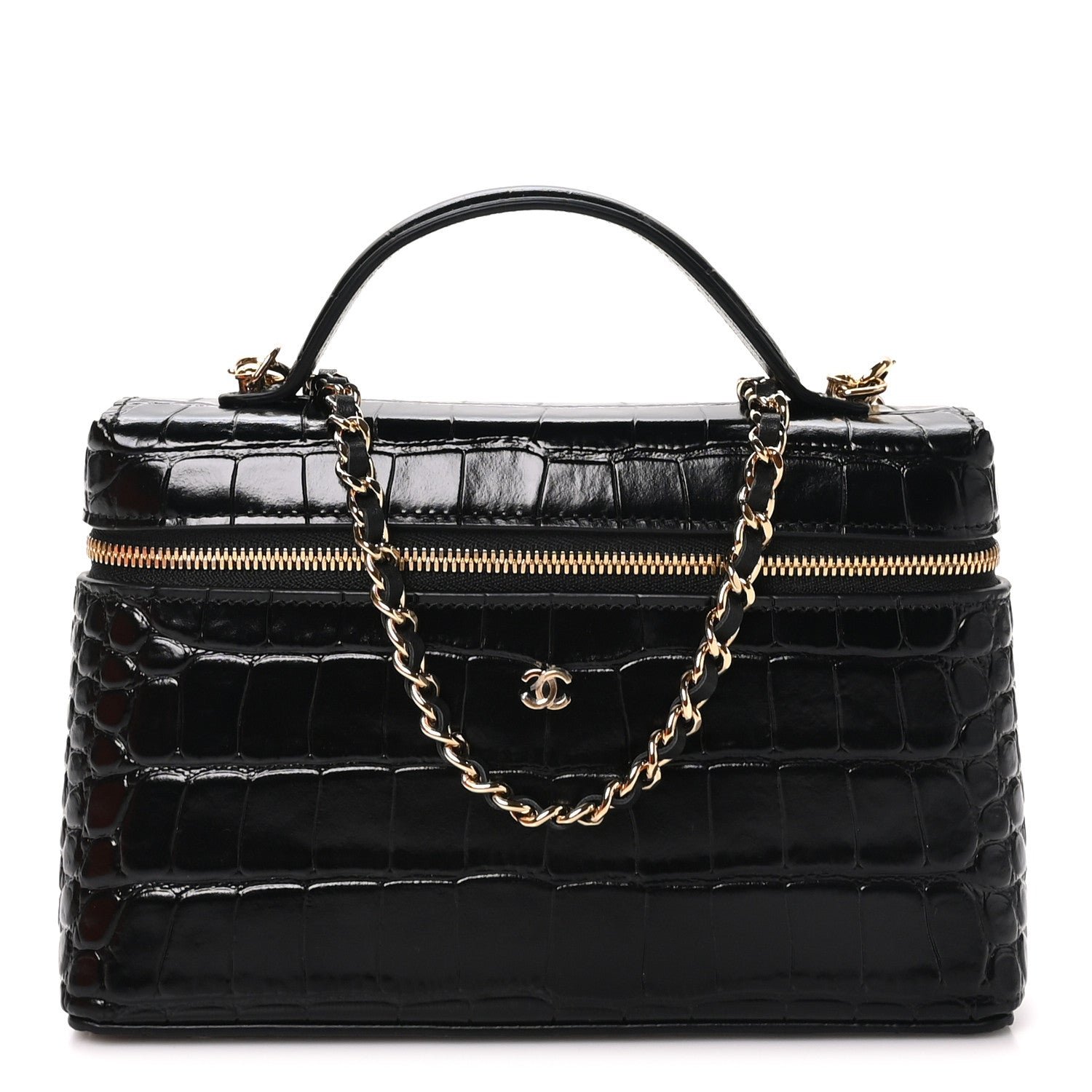 Chanel Calfskin Crocodile Embossed Crococo Exoticoco Vanity With Chain Black