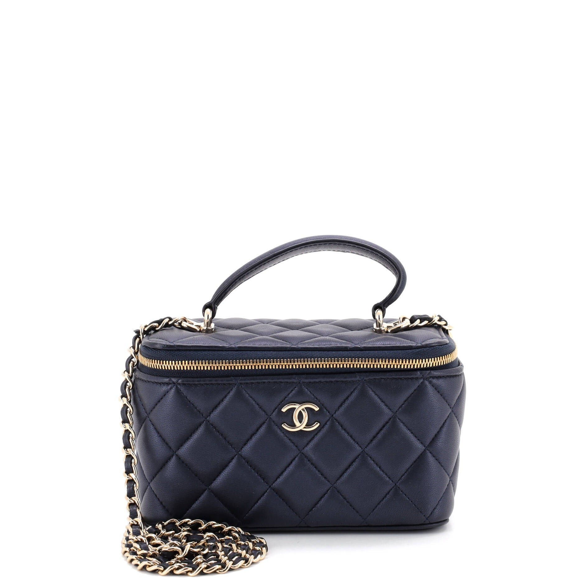 Classic Top Handle Vanity Case with Chain Quilted Lambskin Small