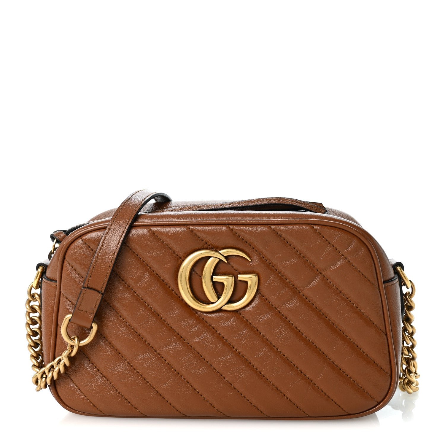 Gucci Glazed Calfskin Matelasse Diagonal Small GG Marmont Chain Shoulder Bag Cuir