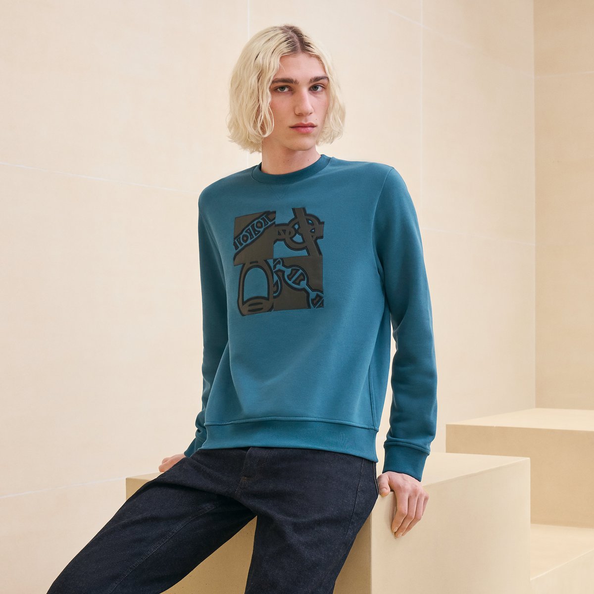 Pétrole "Metallerie Au Carre" Crewneck Sweater With Leather Detail