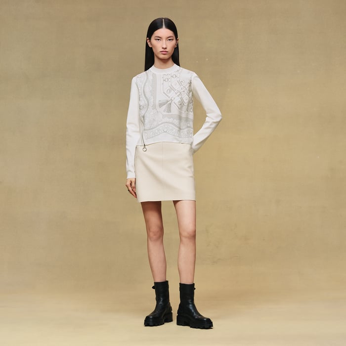 Gris Perle "Aux Champs En Fleurs Raye" Long-sleeve Twillaine Sweater