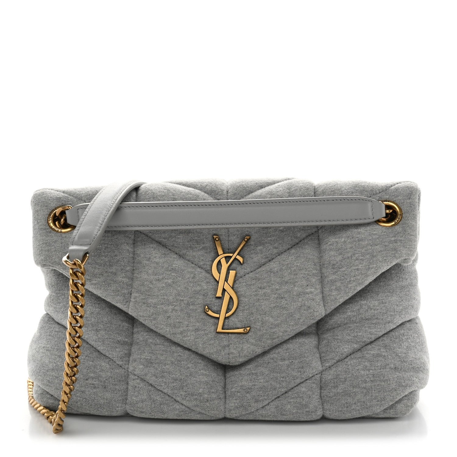 Saint Laurent Jersey Quilted Small Loulou Puffer Monogram Chain Satchel Grey Cloud