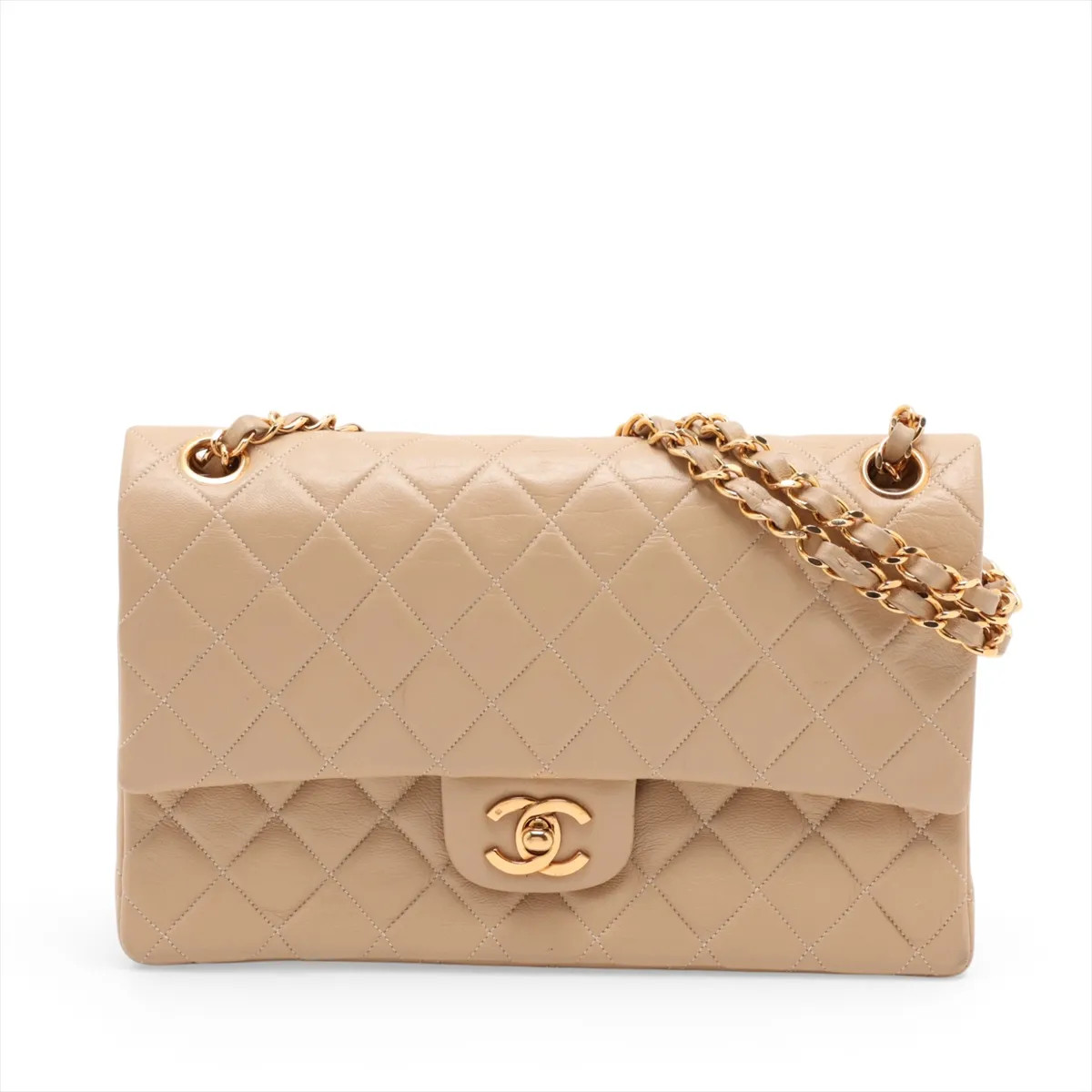 Chanel Matelasse 25 Lambskin Double Flap Double Chain Bag Beige Gold Metal Fitti