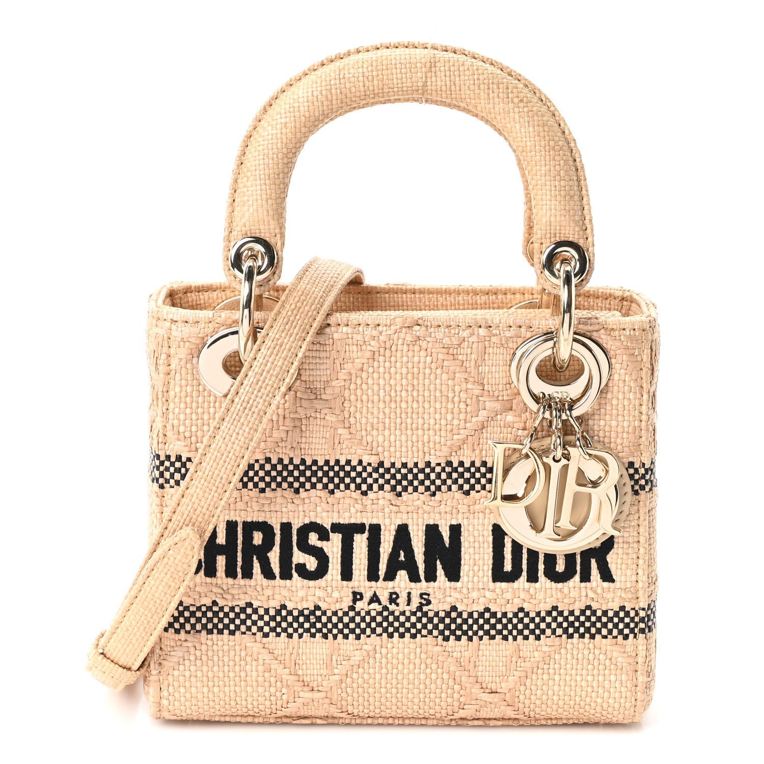 Christian Dior Raffia Woven Cannage Embroidered Mini Lady D-Lite Natural Black