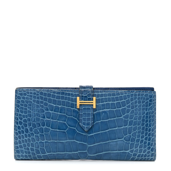 Hermes Shiny Alligator Bearn Gusset Wallet Bleu Izmir