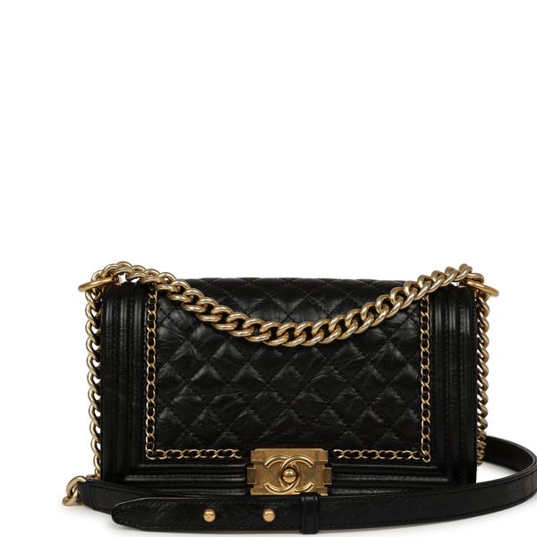 Pre-owned Chanel Medium Boy Bag Black Aged Calfskin Antique Gold Hardware
