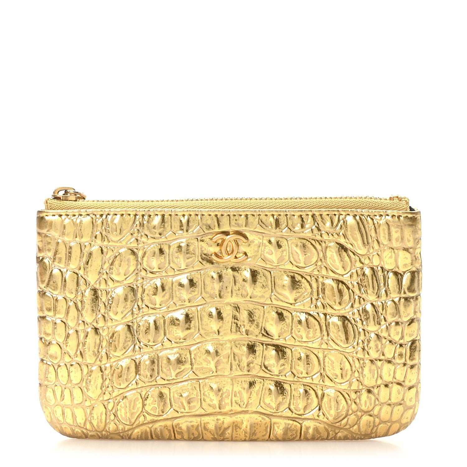 Chanel Metallic Calfskin Crocodile Embossed Cocodile Small Cosmetic Case Gold