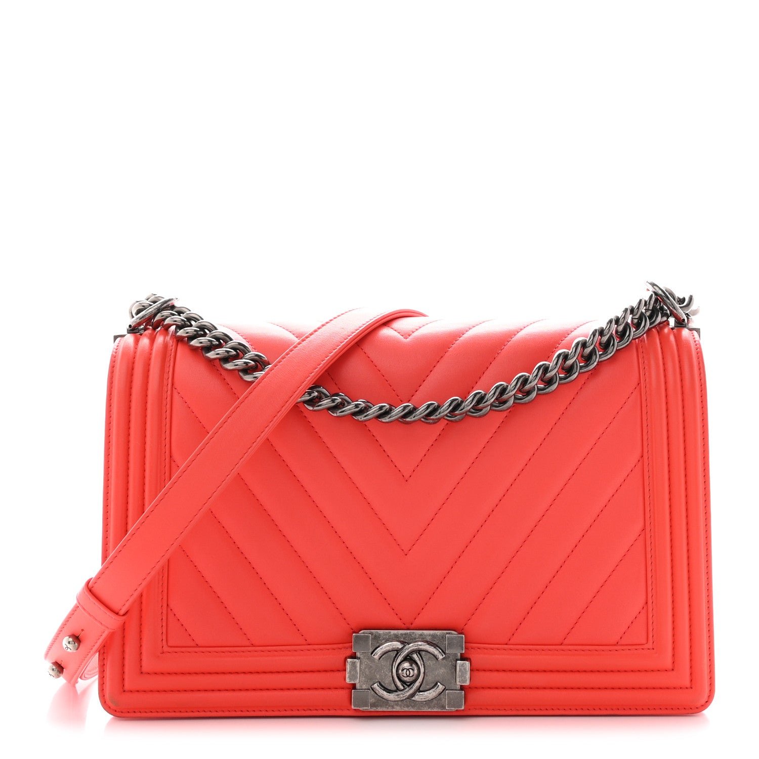 Chanel Lambskin Chevron Quilted New Medium Boy Flap Coral