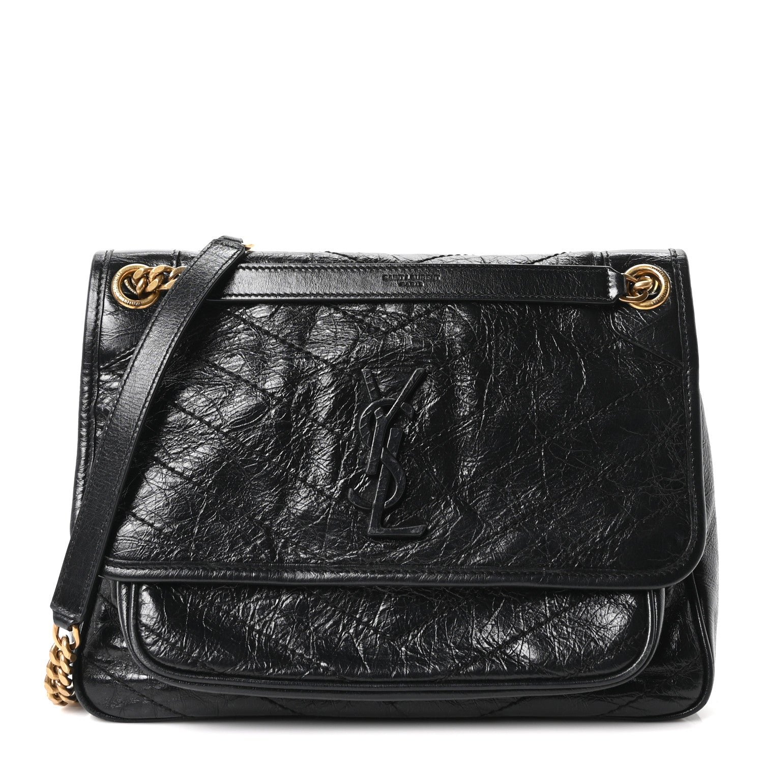 Saint Laurent Crinkled Calfskin Matelasse Monogram Medium Niki Chain Satchel Black