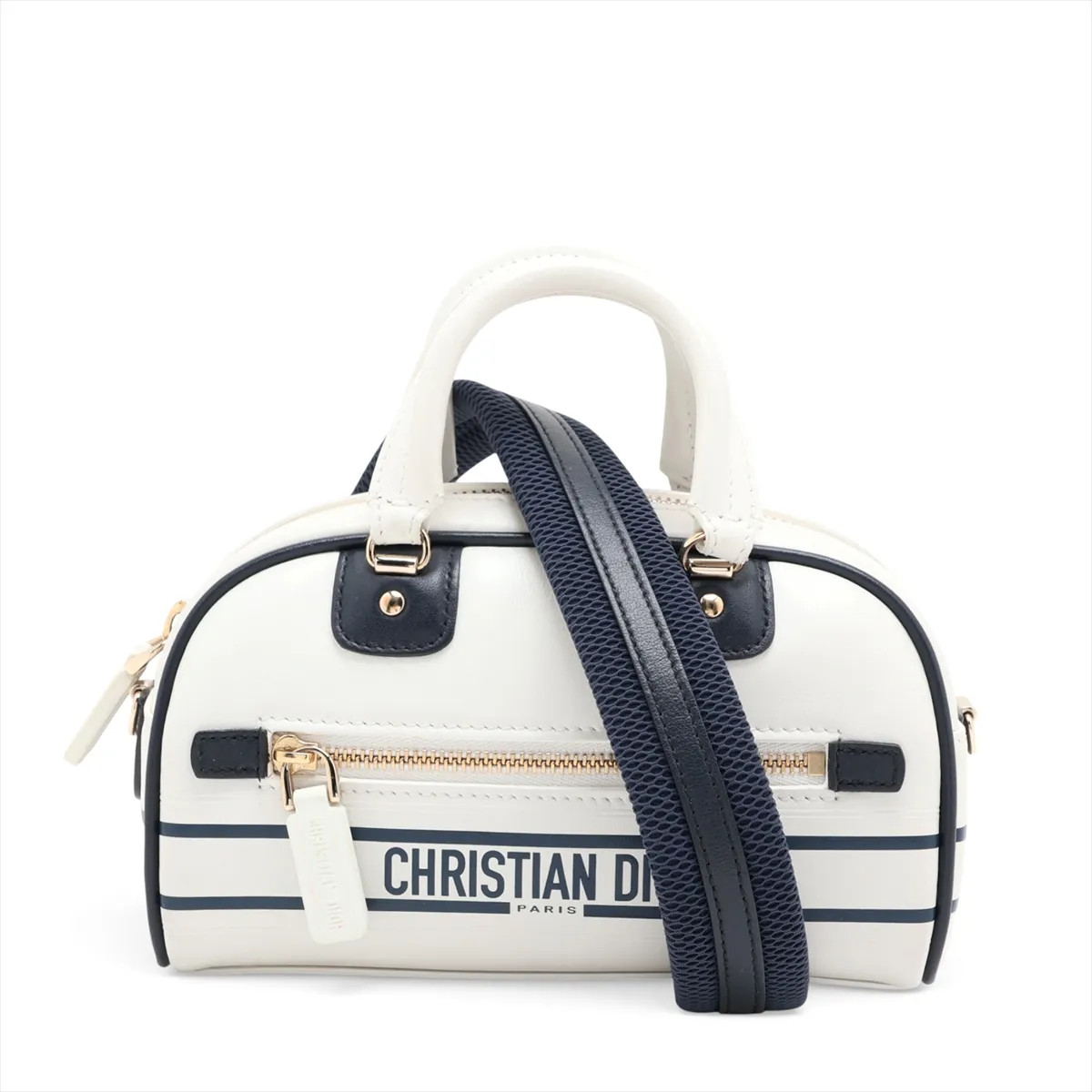 Christian Dior Vaib bowling bag Leather 2 Way Handbag White x navy