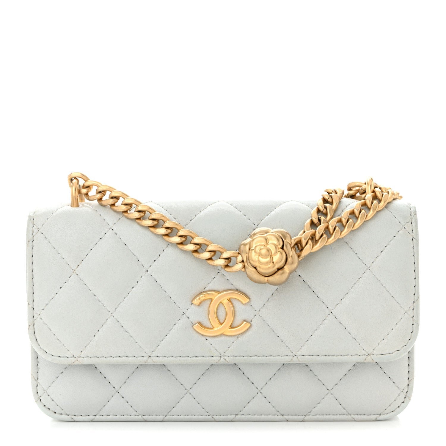 Chanel Lambskin Quilted Sweet Camellia Flap Phone Holder With Chain Light Blue